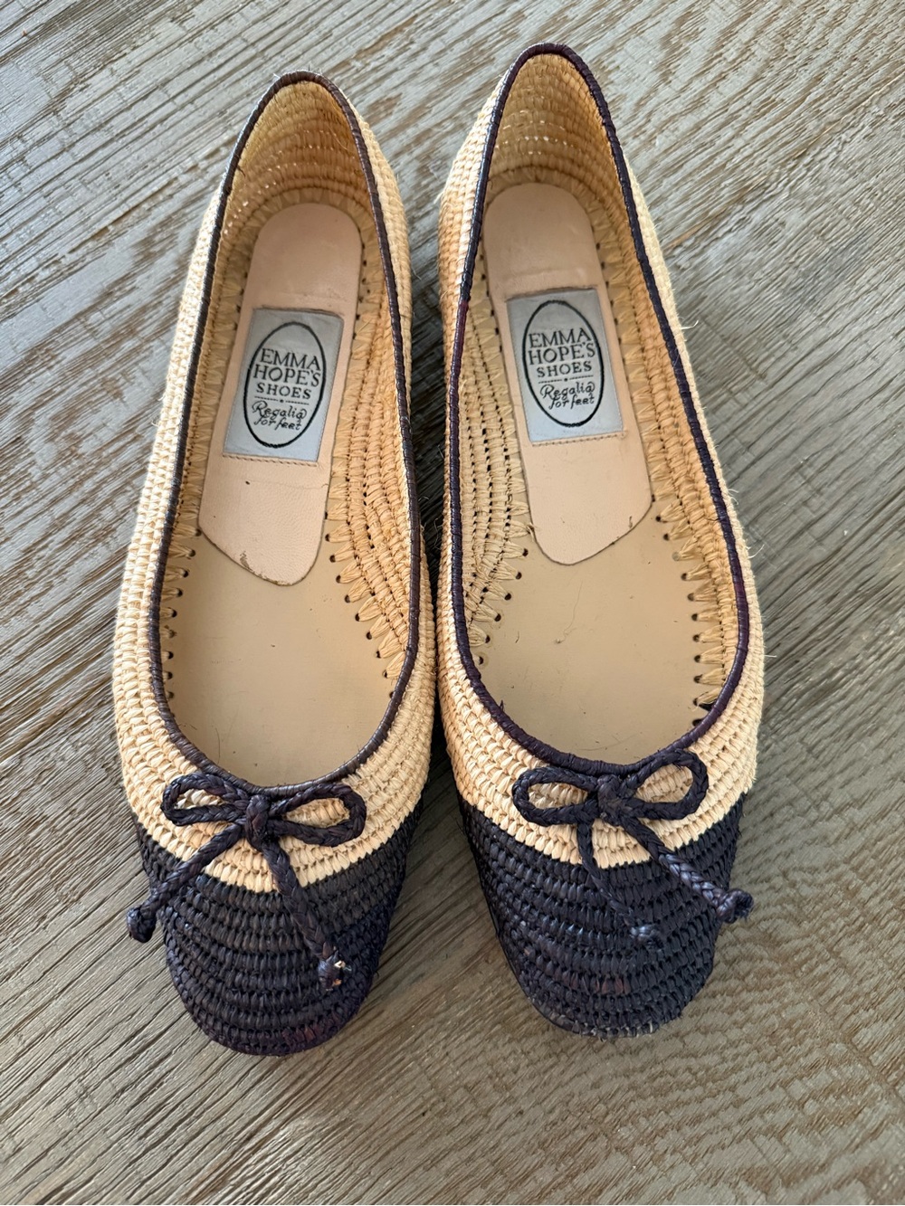 Two-Tone Woven Ballet Flats in Natural & Black.